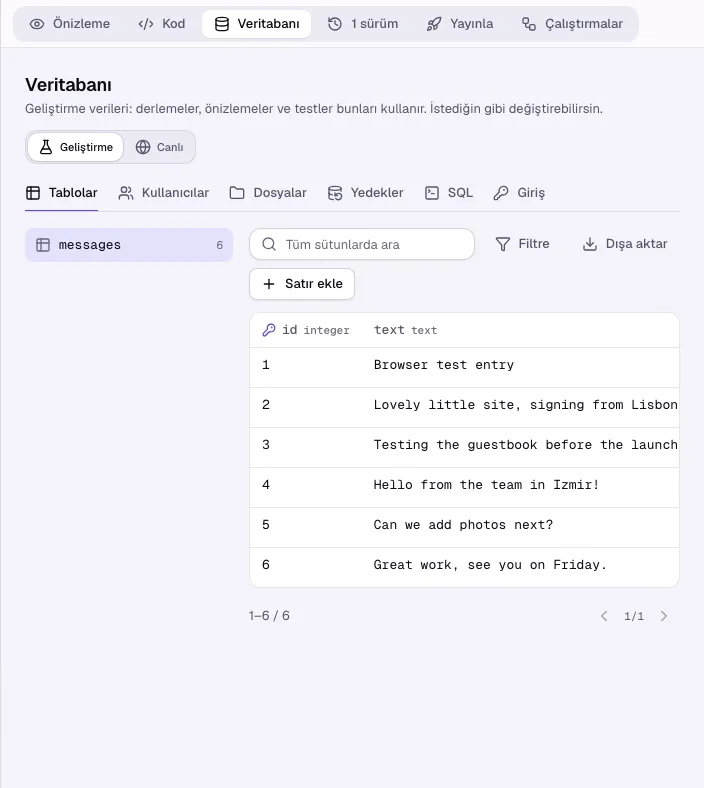 Tablolar bölümü ve bir tablonun satırlarıyla Veritabanı sekmesi