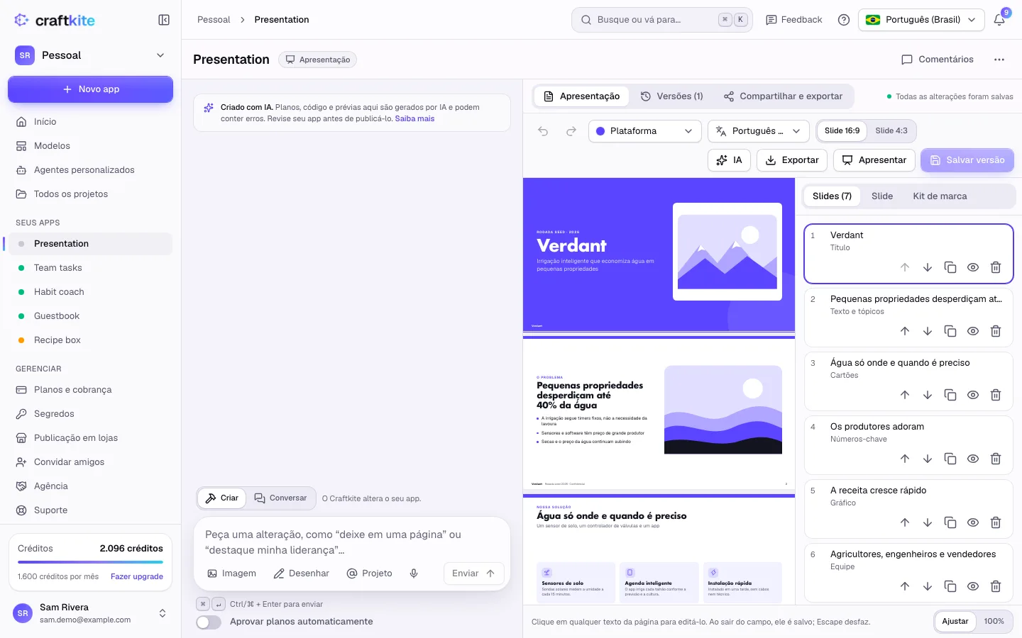Uma apresentação com a lista de slides e as configurações do slide ao lado