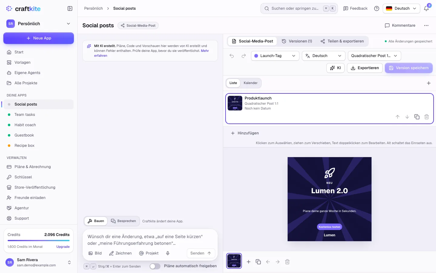 Ein Social-Media-Set mit Postliste, Design-Fläche und Bildunterschrift-Panel