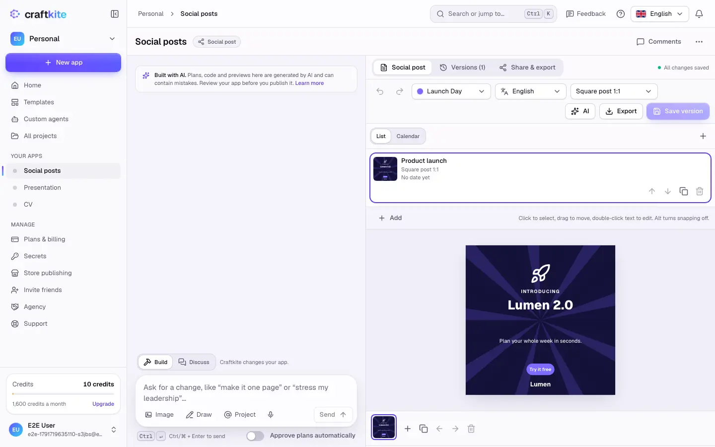 A social media set with the post list, the design canvas and the caption panel