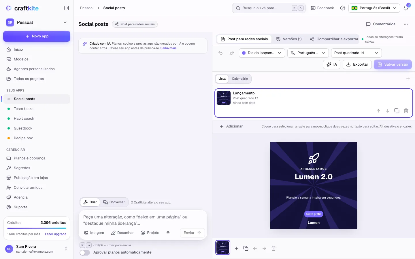 Um conjunto para redes sociais com a lista de posts, a área de design e o painel de legenda