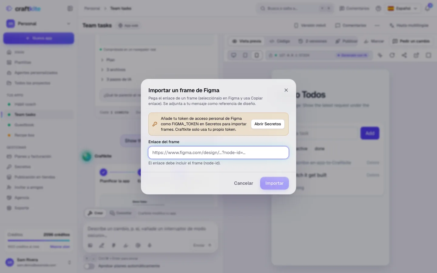 El diálogo para importar un frame de Figma con el campo del enlace