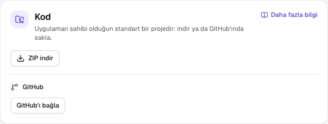 ZIP indir ve GitHub seçenekleriyle Kod bölümü