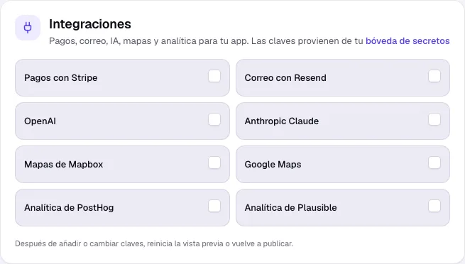 La sección Integraciones de la pestaña Publicar