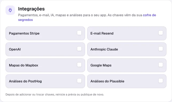 A seção Integrações da aba Publicar