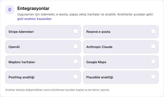 Yayınla sekmesinin Entegrasyonlar bölümü