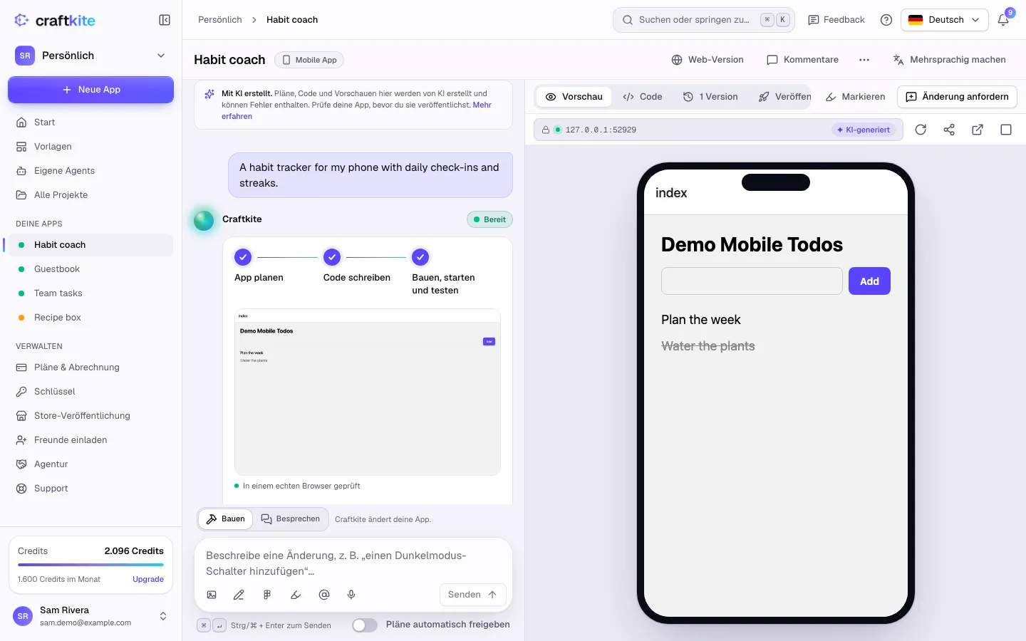 Eine Mobile App im Studio, angezeigt im Handyrahmen