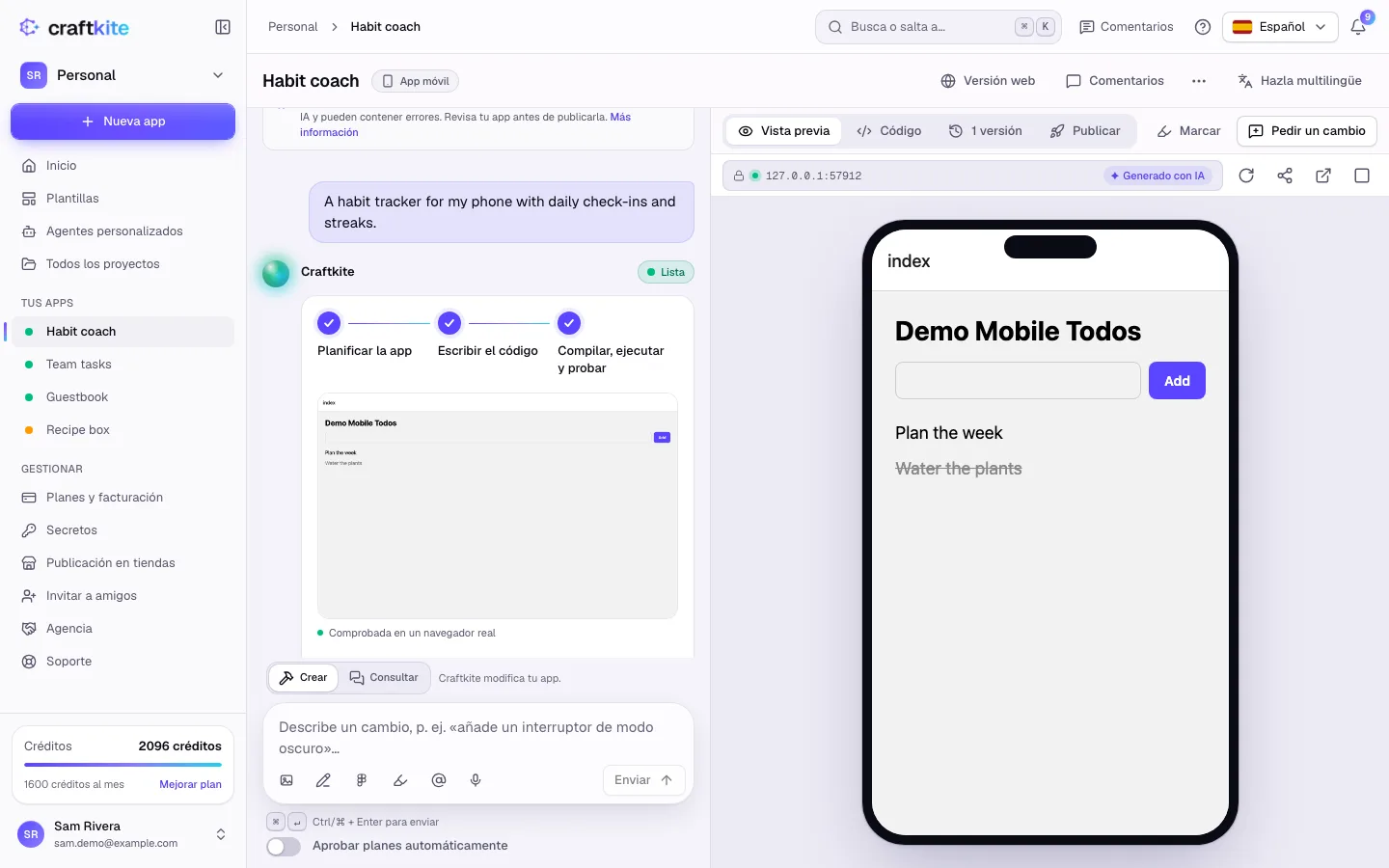 Una app móvil en el estudio, mostrada en un marco de teléfono