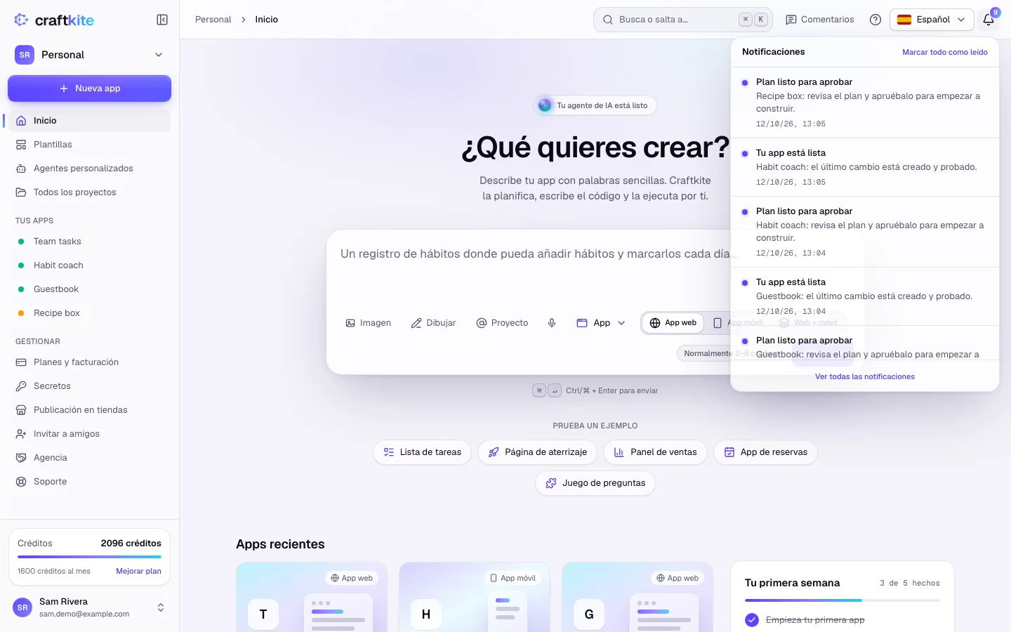 La lista de notificaciones abierta bajo la campana