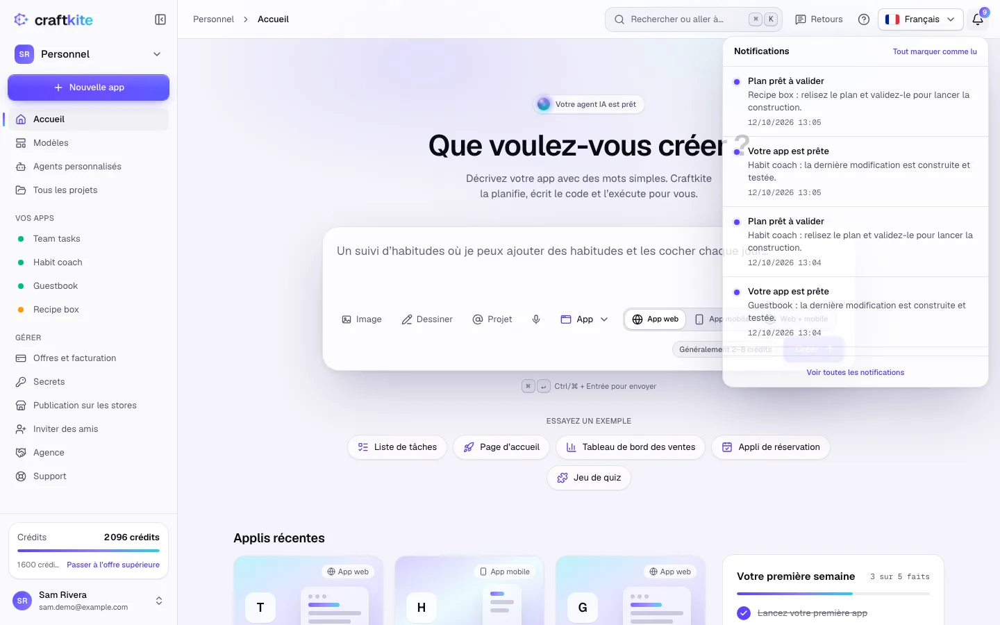 La liste des notifications ouverte sous la cloche