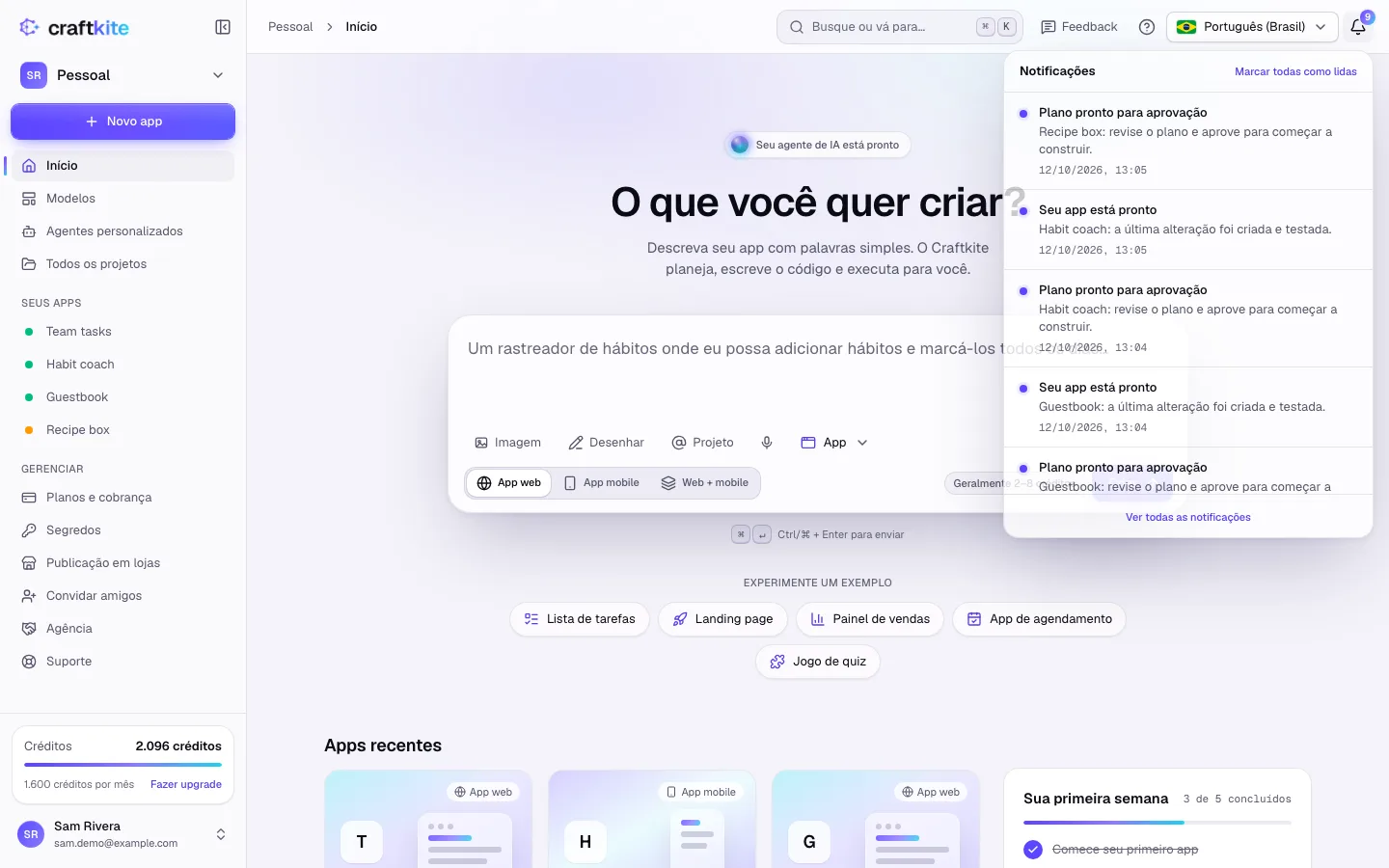 A lista de notificações aberta sob o sino