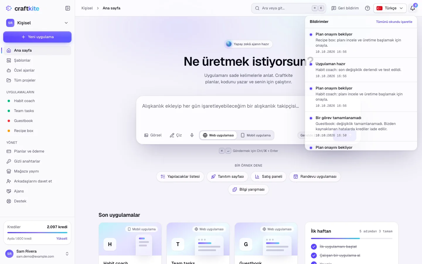Zilin altında açılan bildirim listesi