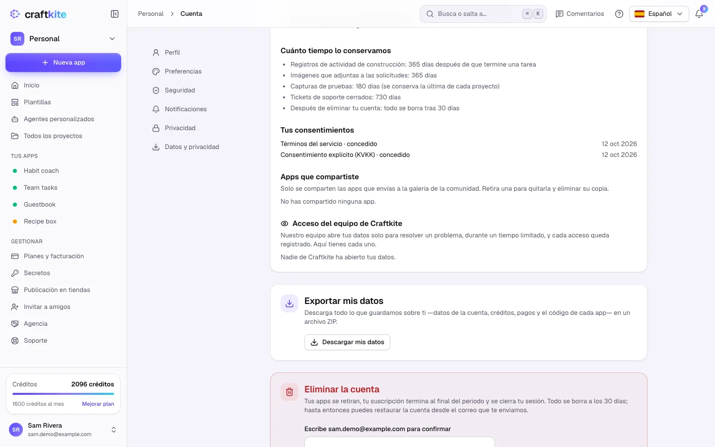 Exportar mis datos y Eliminar la cuenta en la página de la cuenta