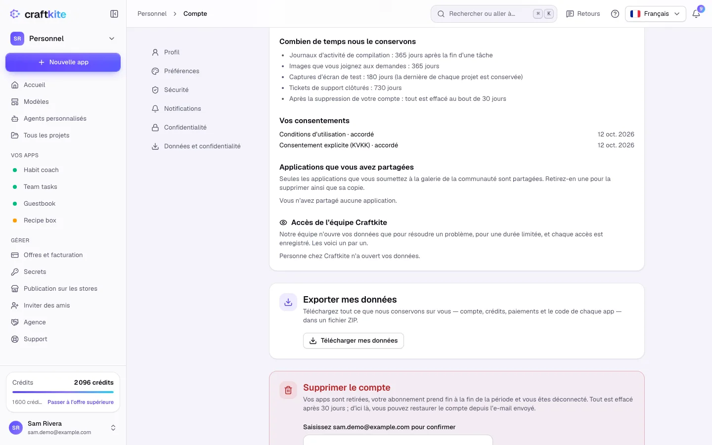 Exporter mes données et Supprimer le compte sur la page du compte