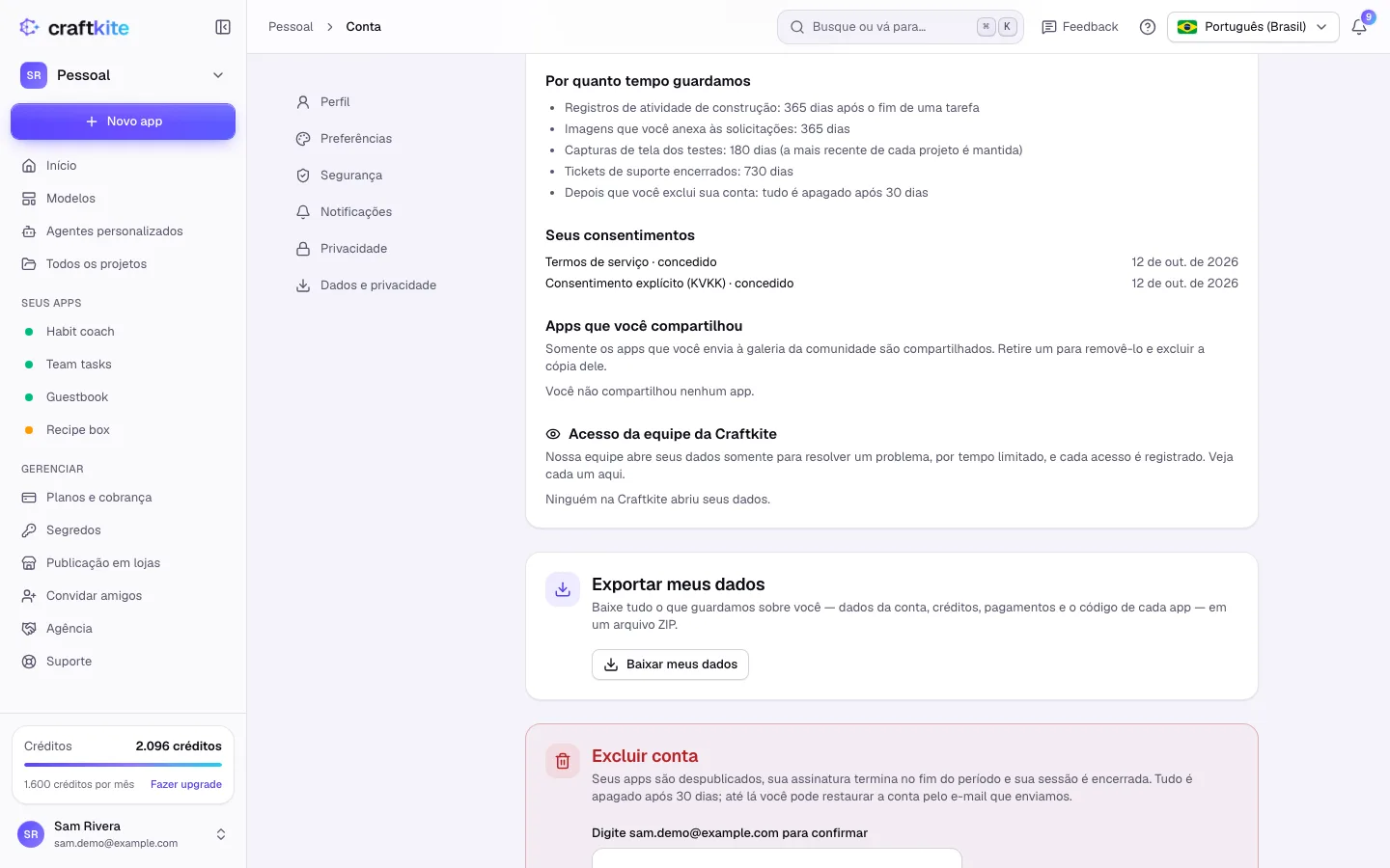 A seção Privacidade: retenção, consentimentos, apps compartilhados e acesso da equipe da Craftkite
