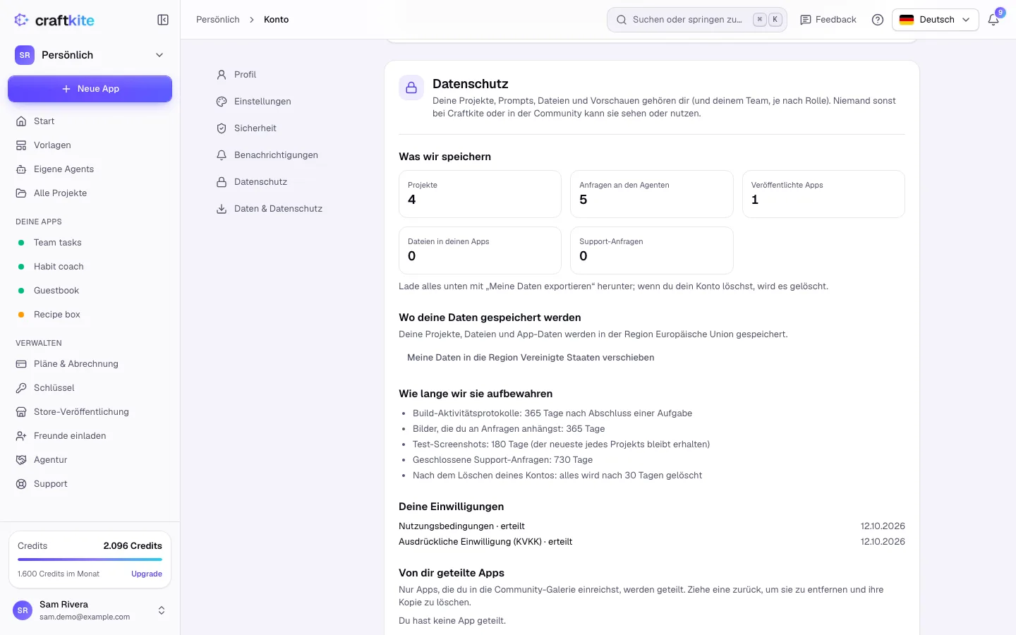 Die Datenregion des Kontos