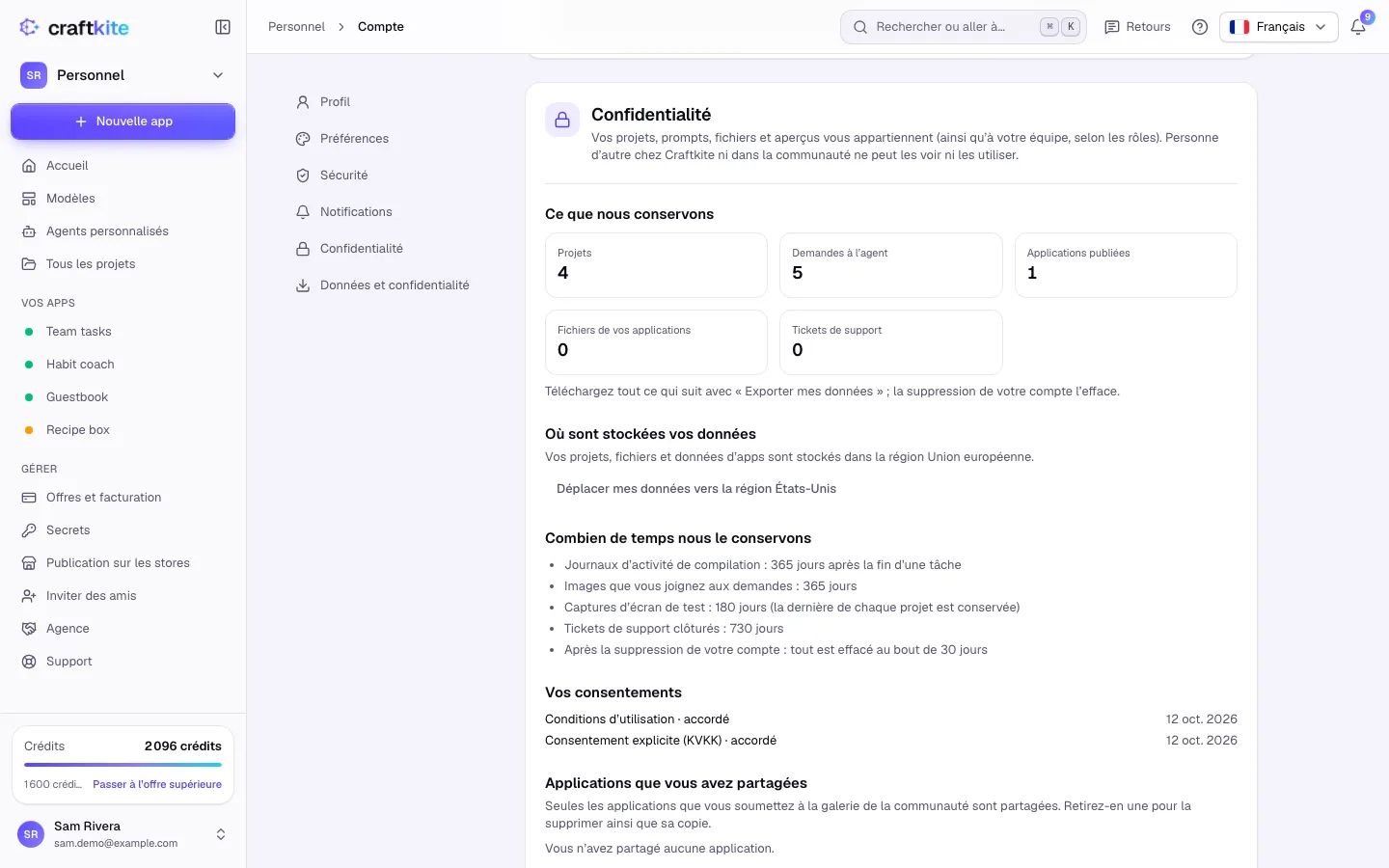La région de données du compte