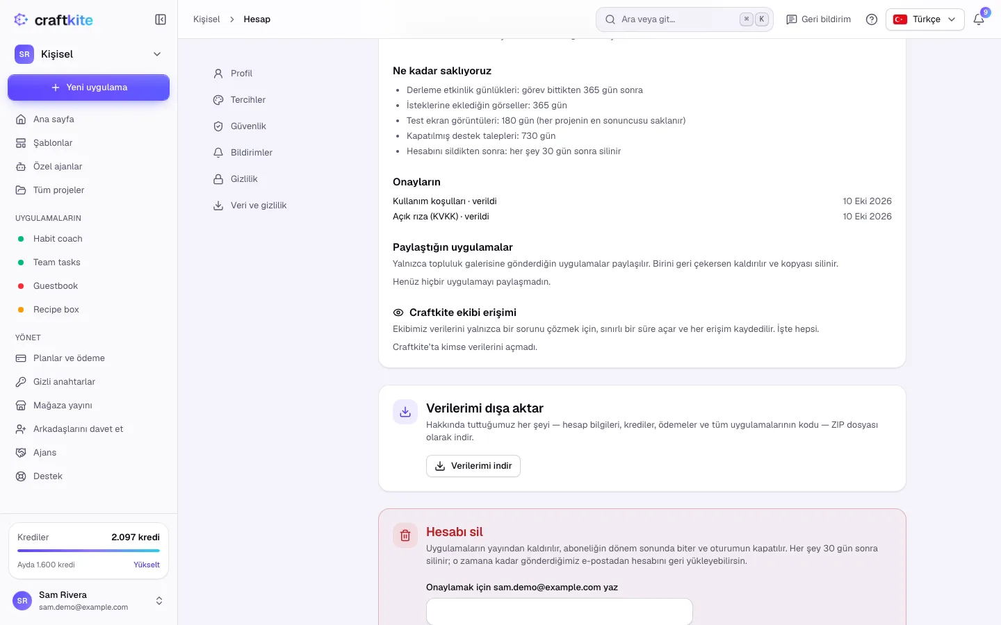 Hesap sayfasında Verilerimi dışa aktar ve Hesabı sil