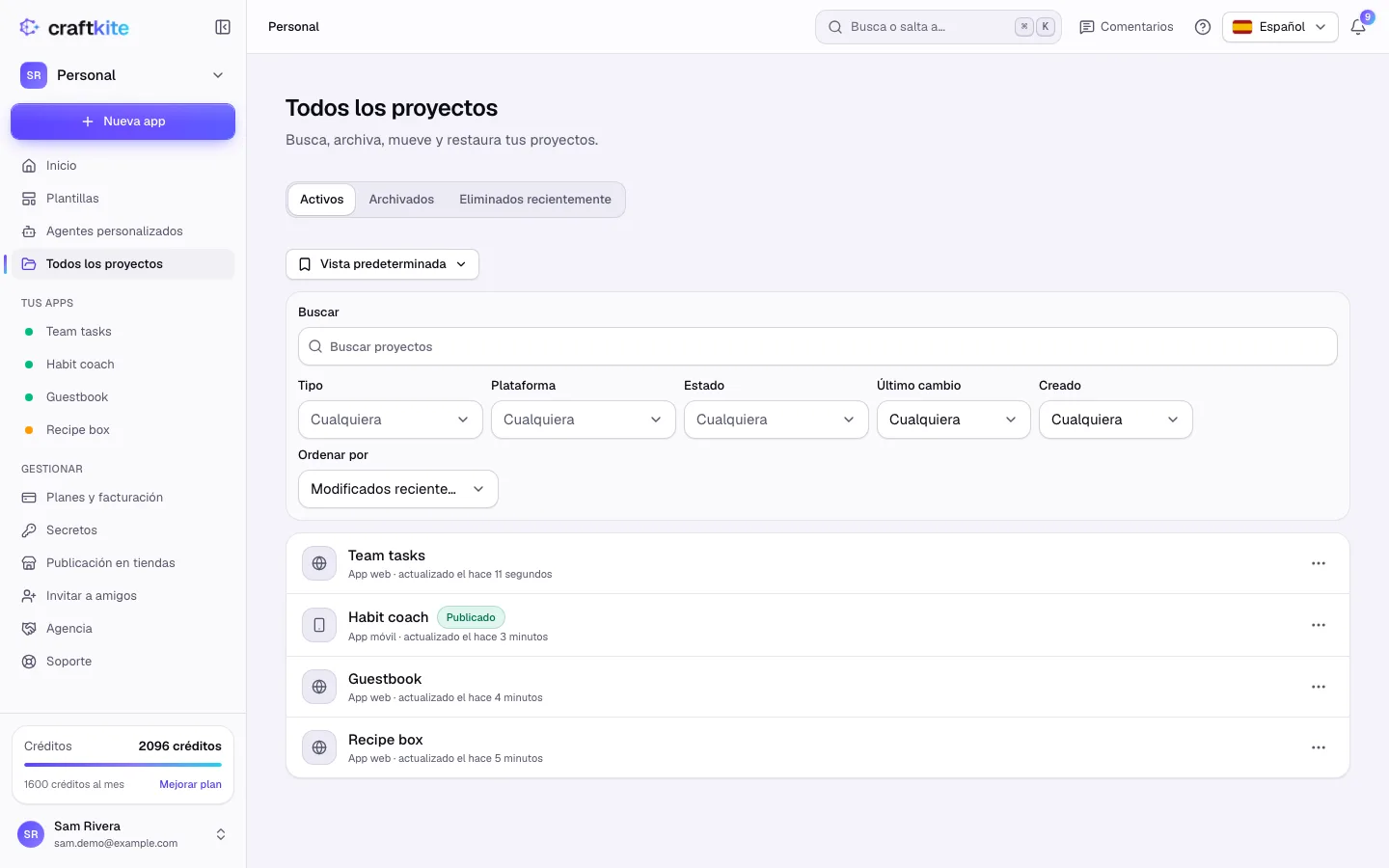 Todos los proyectos con búsqueda y las vistas Activos, Archivados y Eliminados recientemente