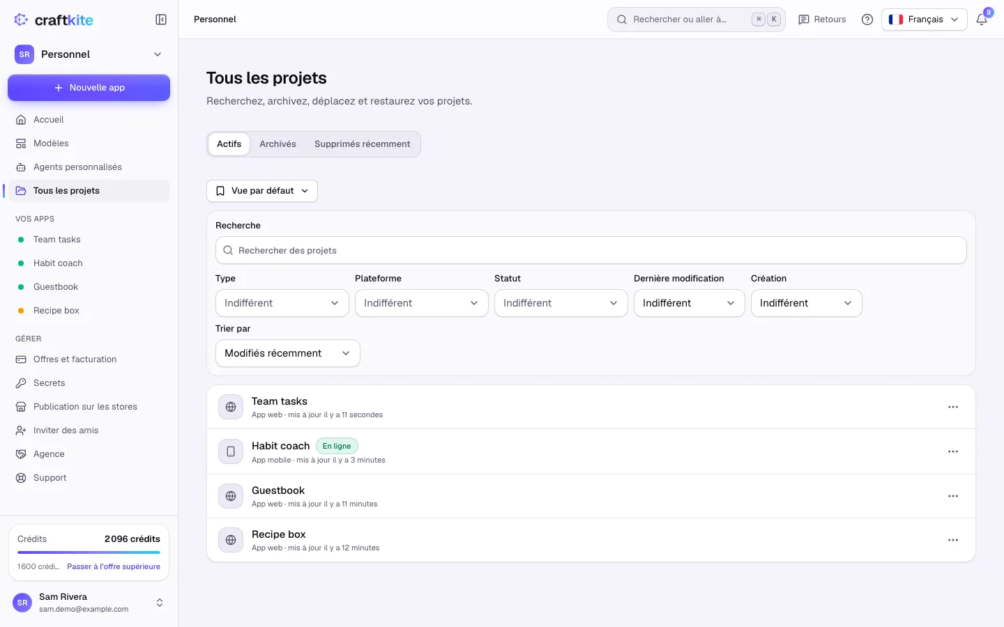 Tous les projets avec la recherche et les vues Actifs, Archivés et Supprimés récemment