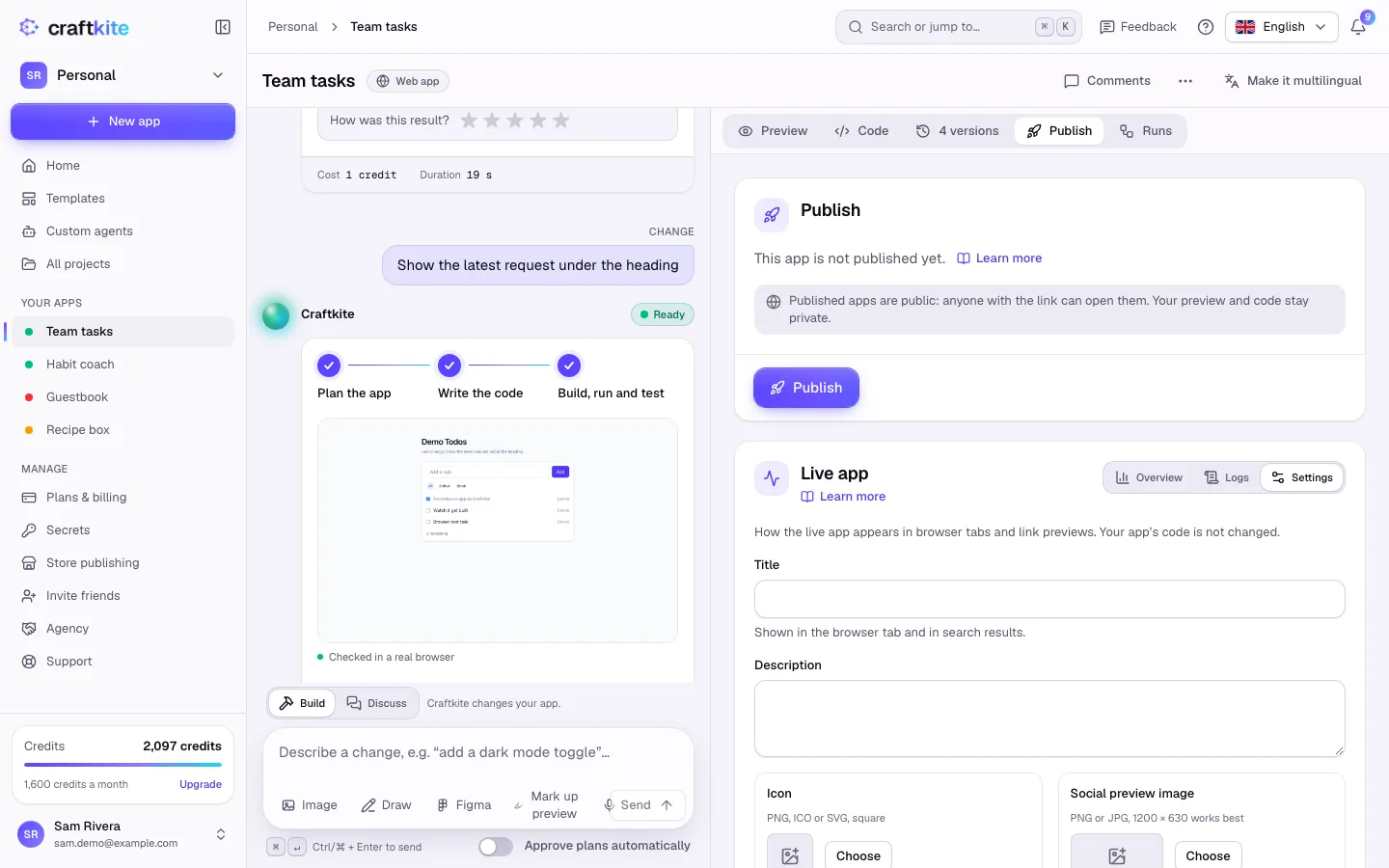 The Publish tab of a project that is not published yet