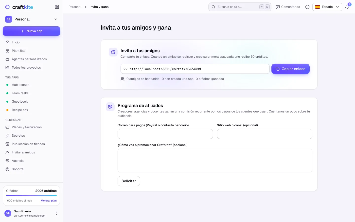 La página Invita y gana con tu enlace y el programa de afiliados