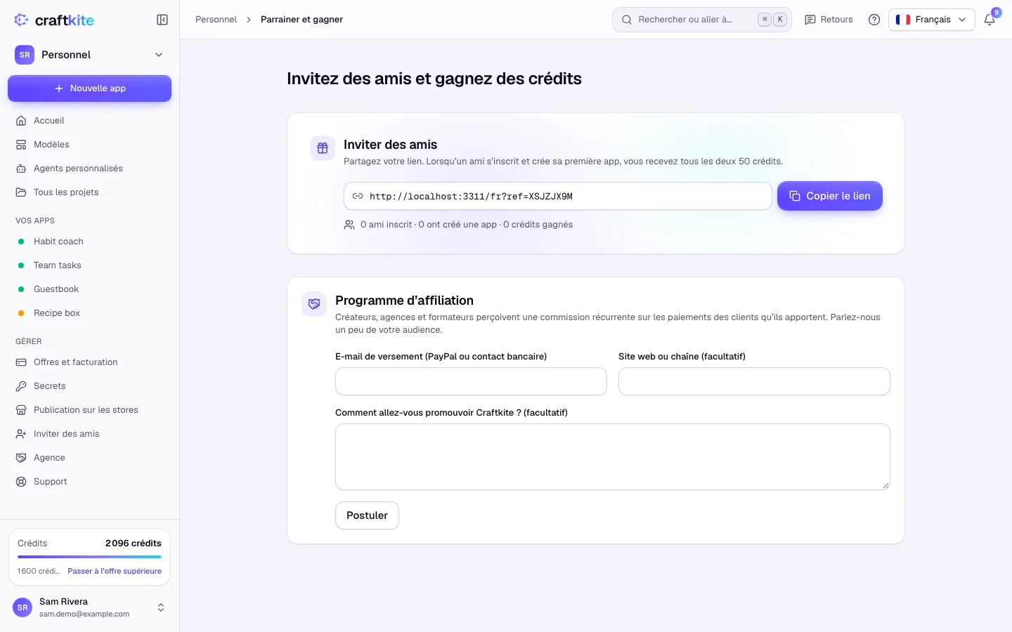 La page Parrainer et gagner avec votre lien et le programme d’affiliation