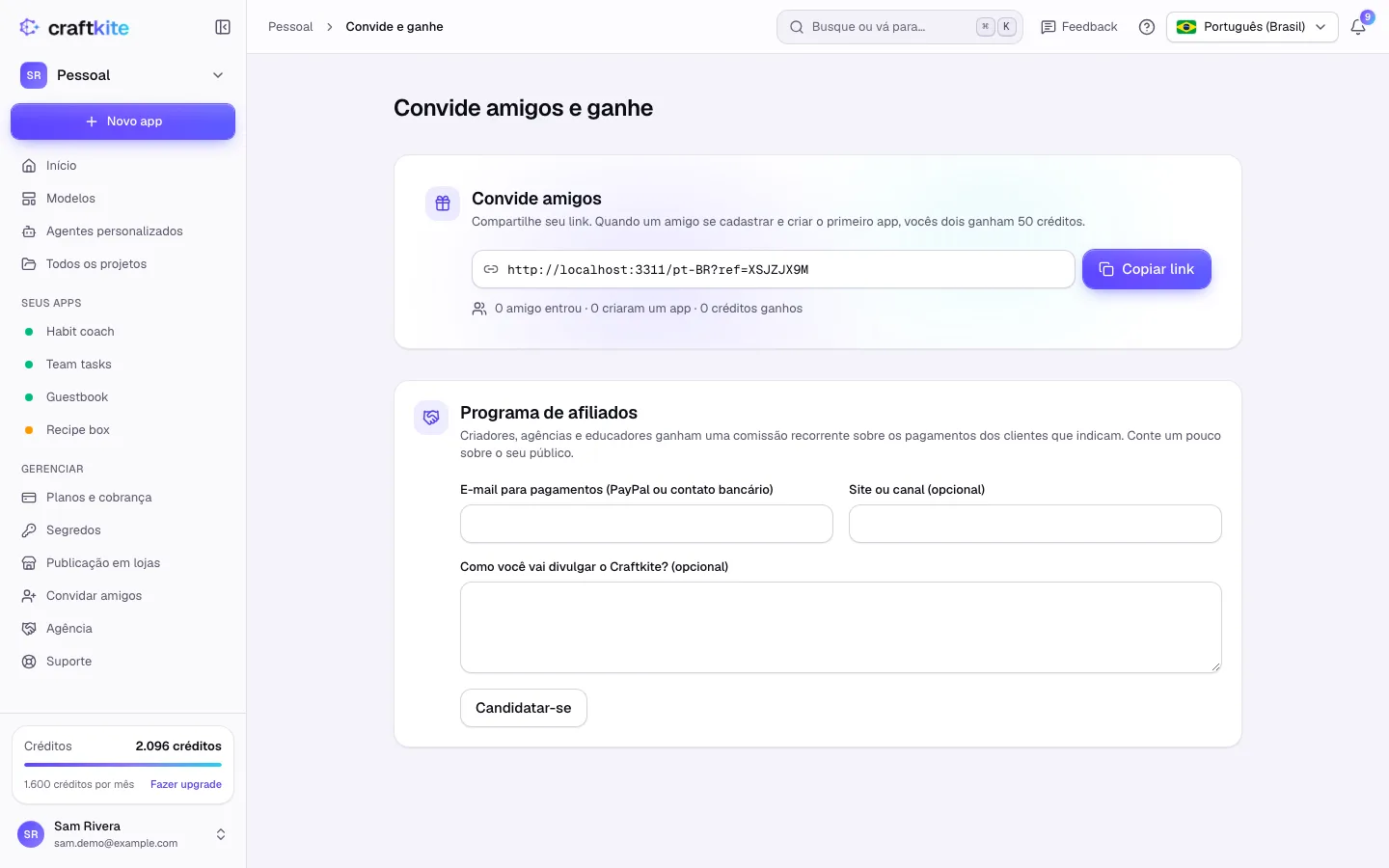 A página Convide e ganhe com seu link e o programa de afiliados