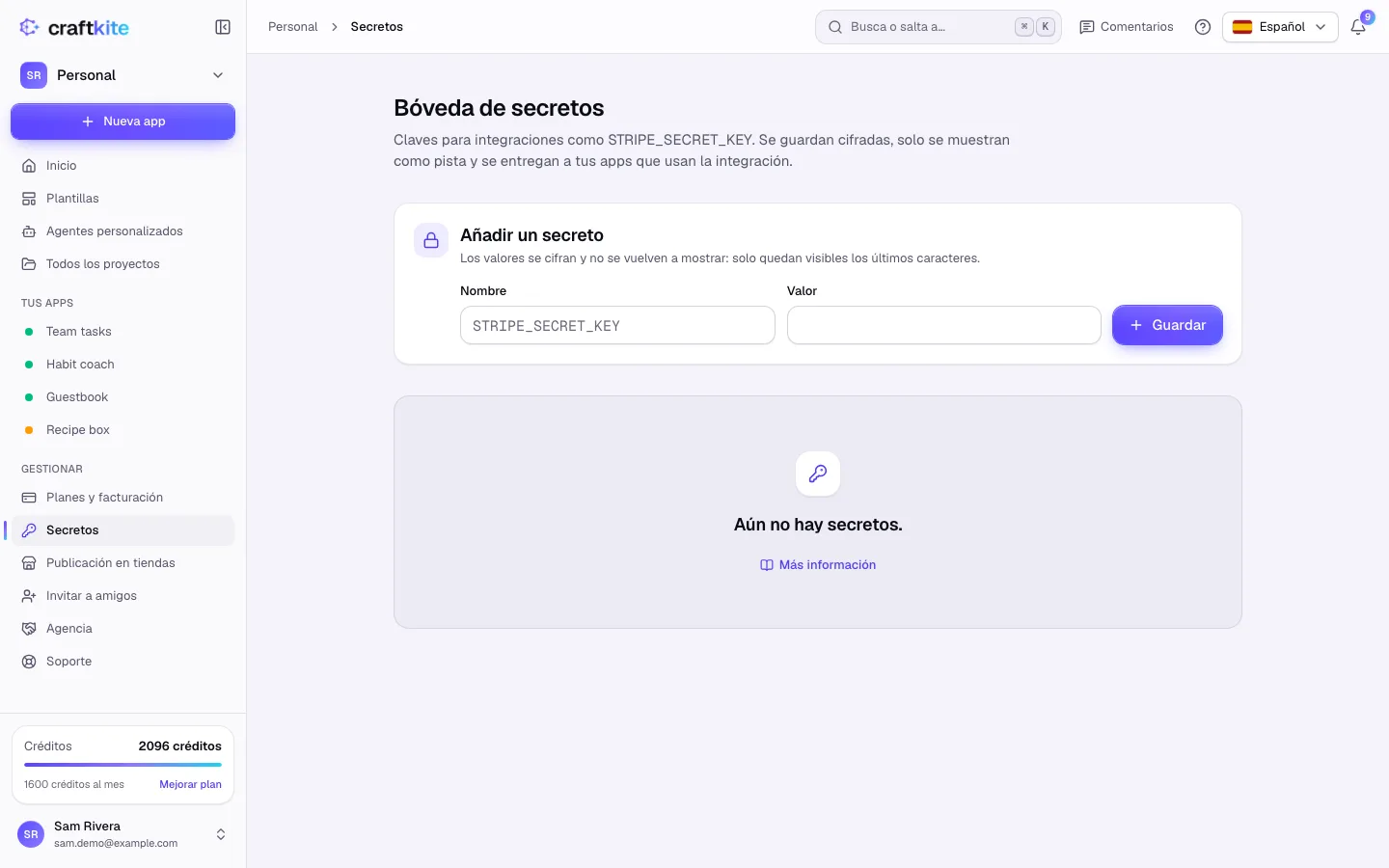 La bóveda de secretos con Añadir un secreto