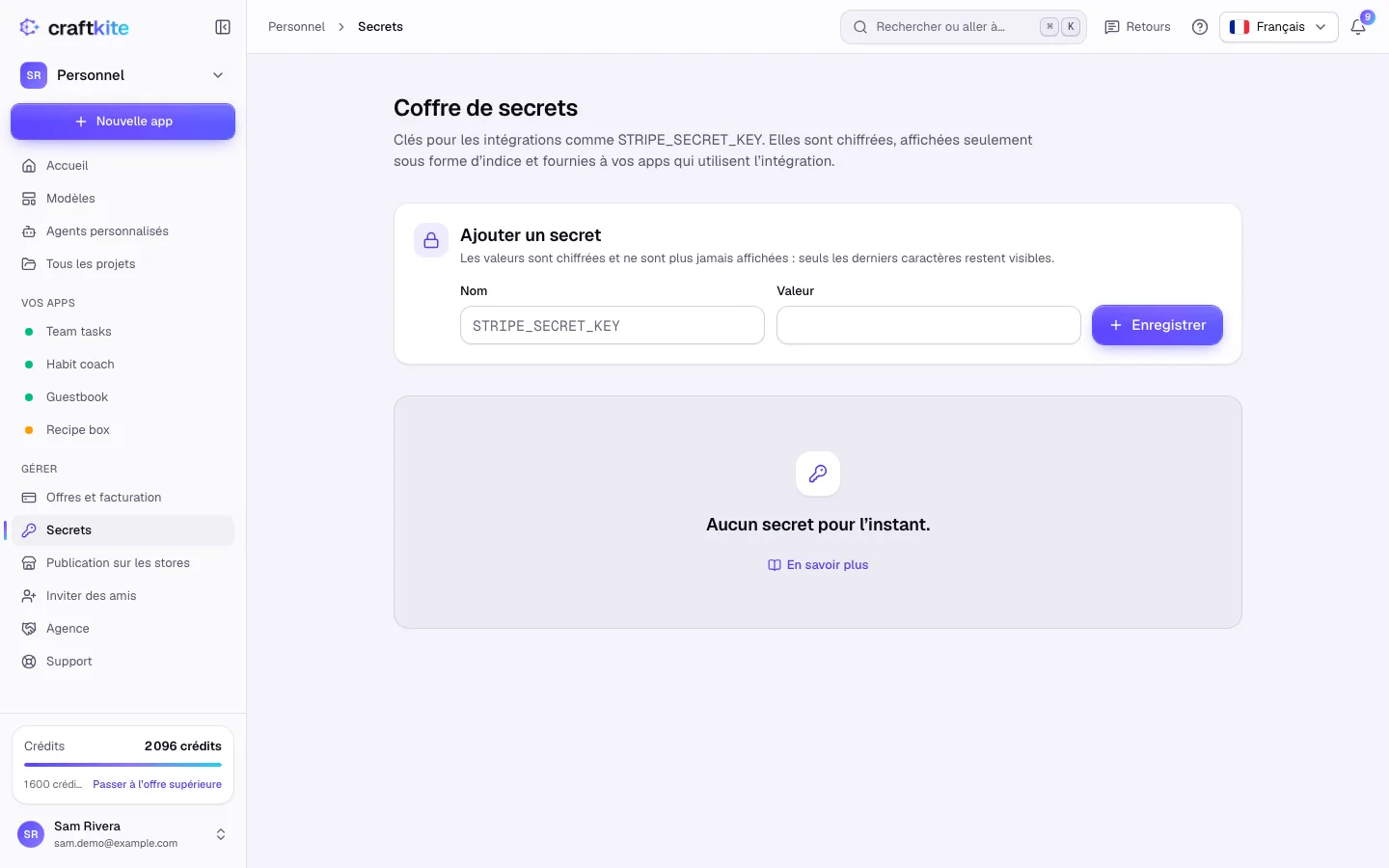 Le coffre de secrets avec Ajouter un secret