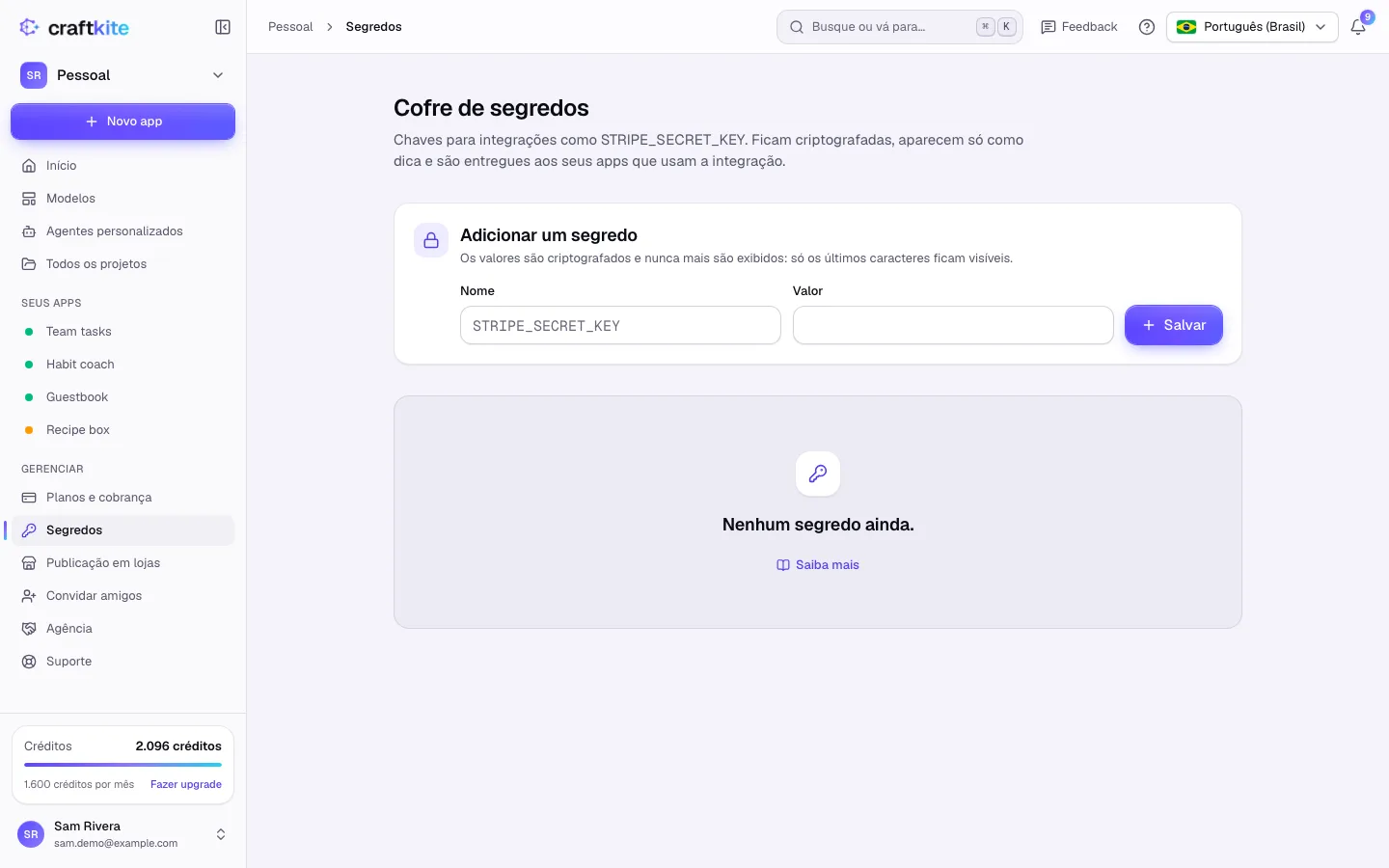 O cofre de segredos com Adicionar um segredo