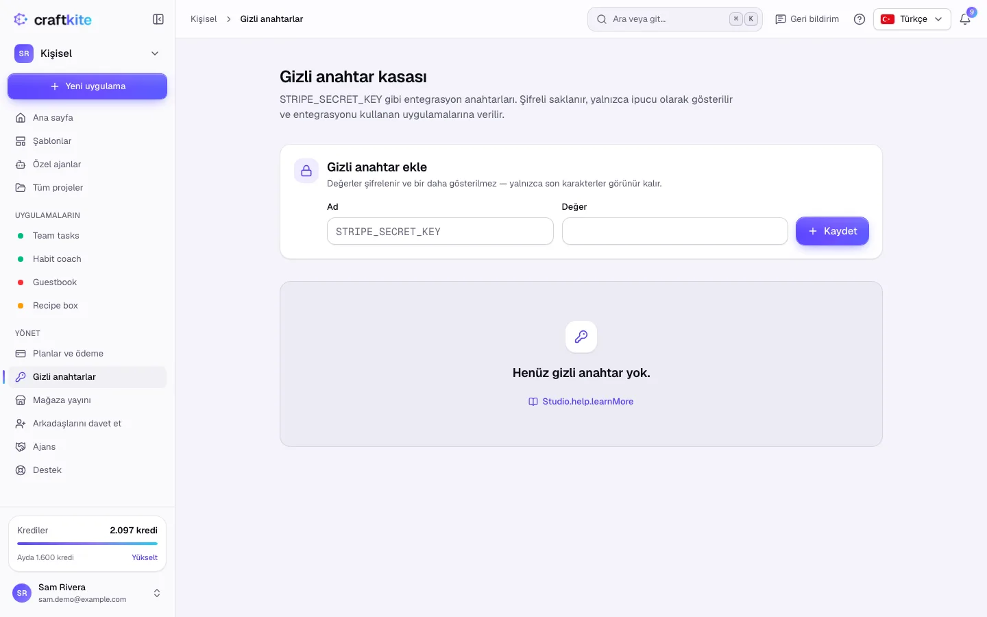 Gizli anahtar ekle bölümüyle gizli anahtar kasası