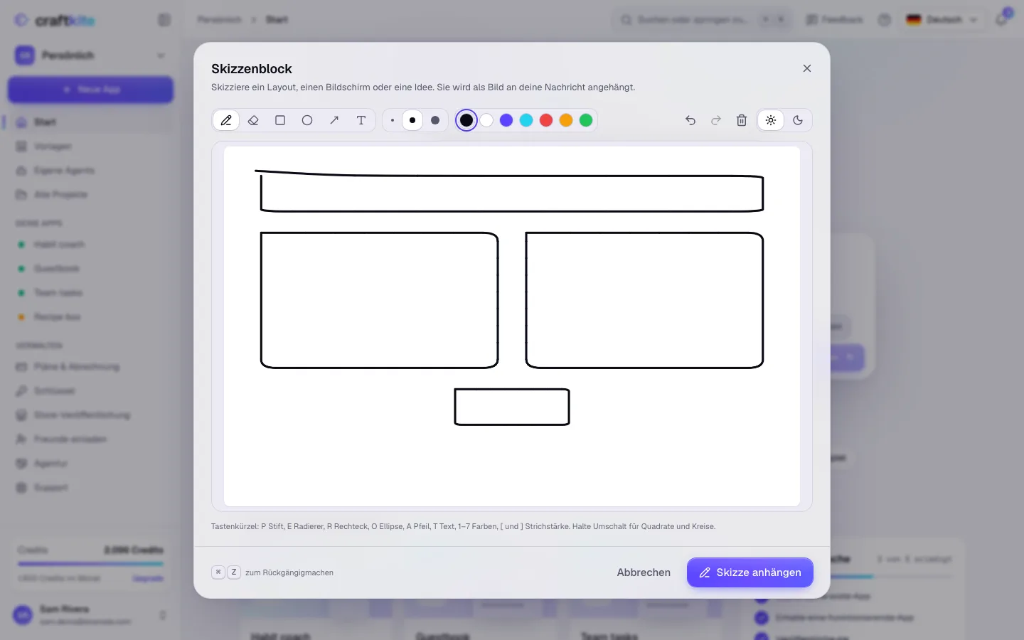 Der Skizzenblock mit einem groben Seitenlayout