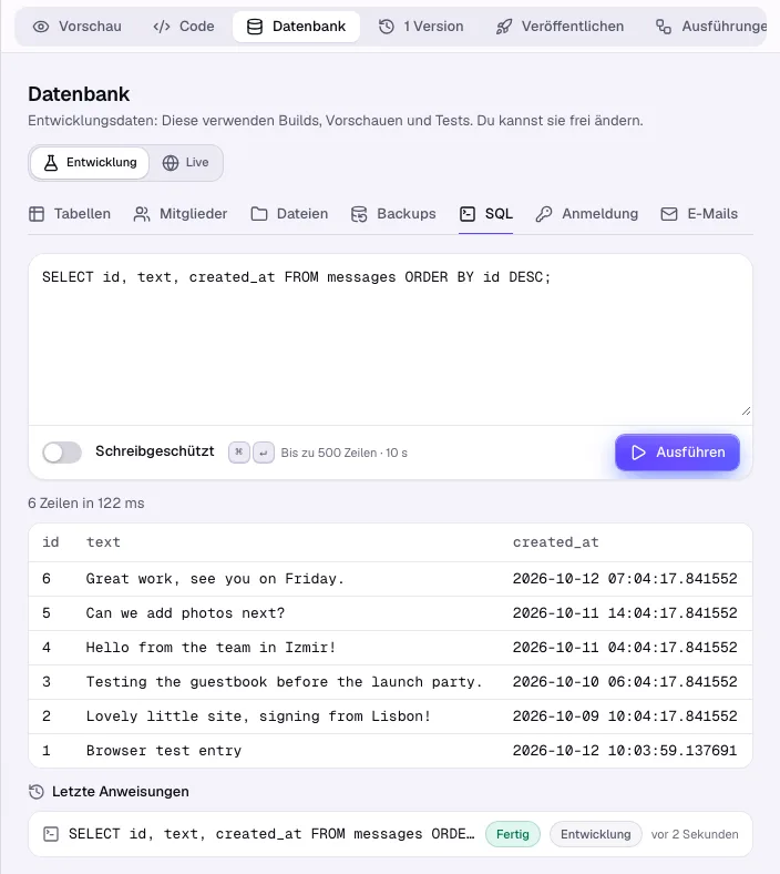 Die SQL-Konsole mit einer Abfrage und ihrem Ergebnis