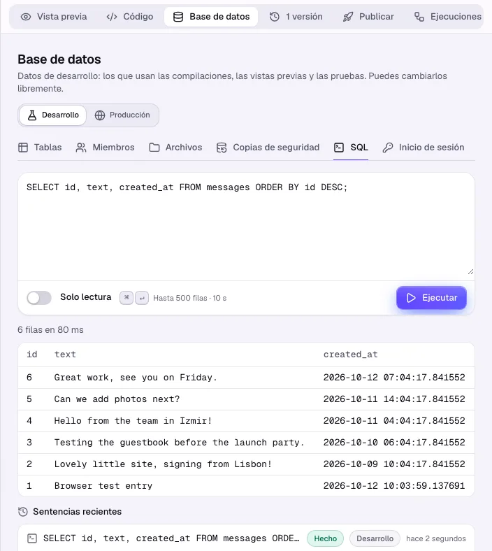 La consola SQL con una consulta y su resultado