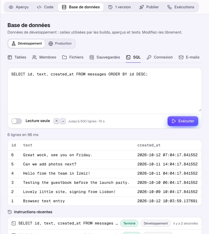 La console SQL avec une requête et son résultat