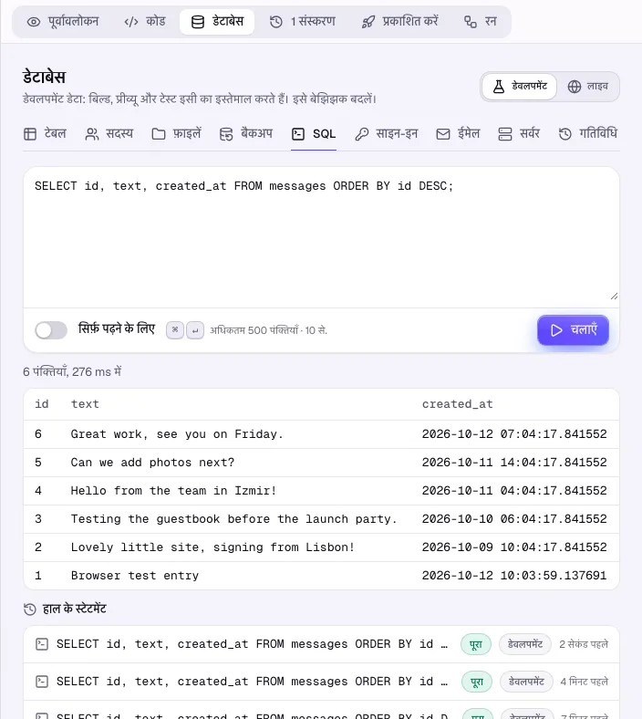 क्वेरी और उसके नतीजे वाला SQL कंसोल