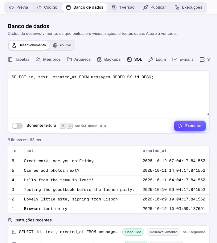O console SQL com uma consulta e o resultado