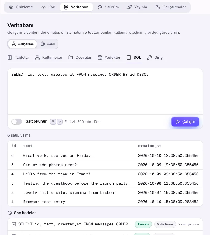 Bir sorgu ve sonucuyla SQL konsolu