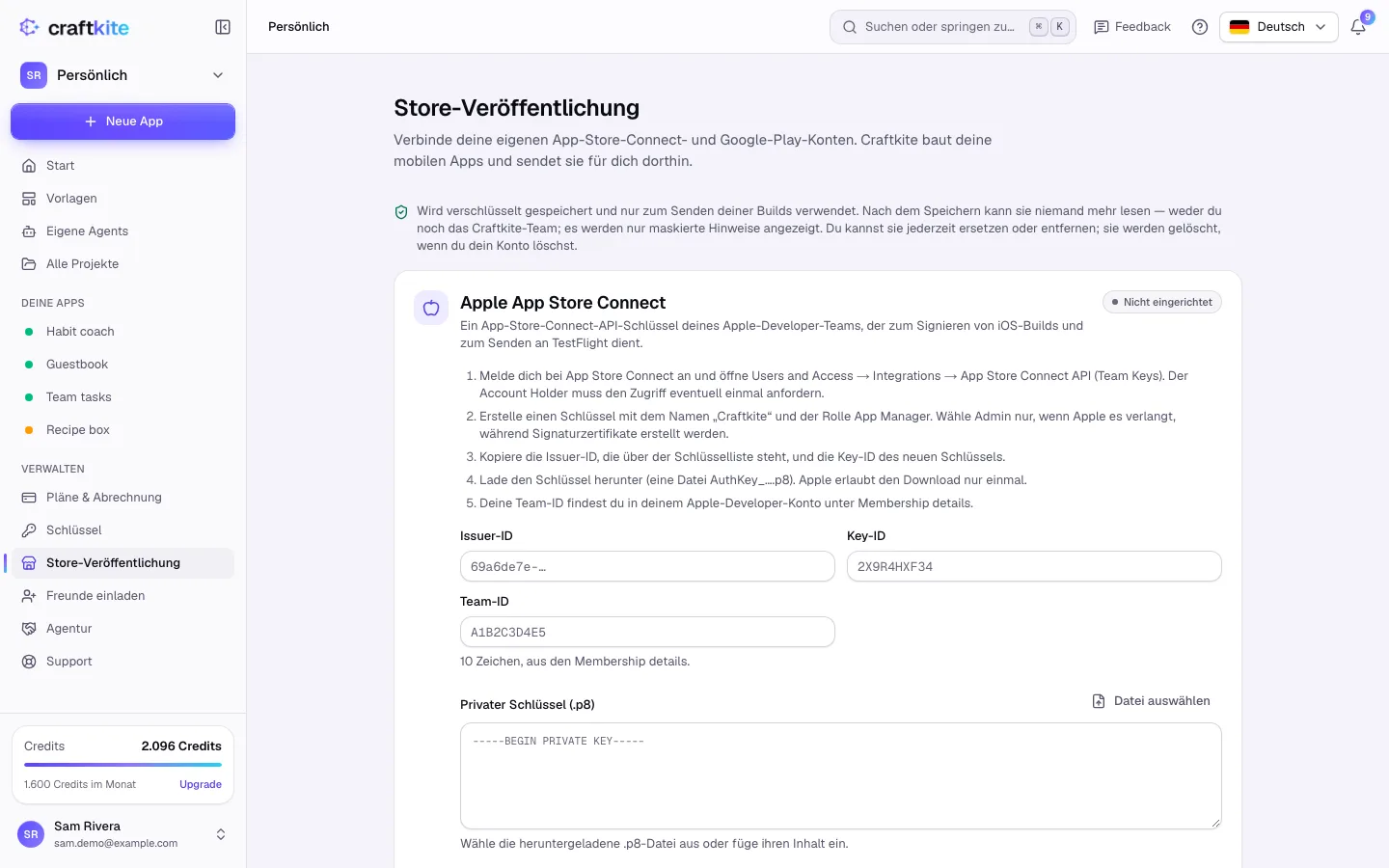 Store-Veröffentlichung mit den Bereichen Apple App Store Connect und Google Play