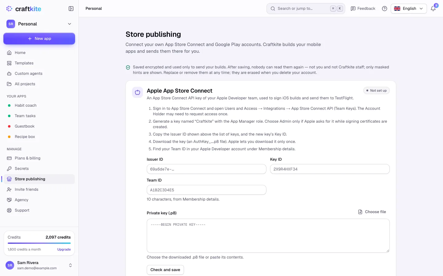 Store publishing with the Apple App Store Connect and Google Play sections