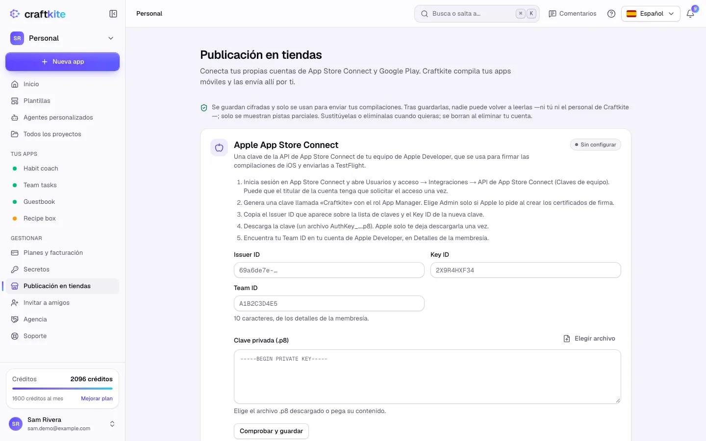 Publicación en tiendas con las secciones Apple App Store Connect y Google Play