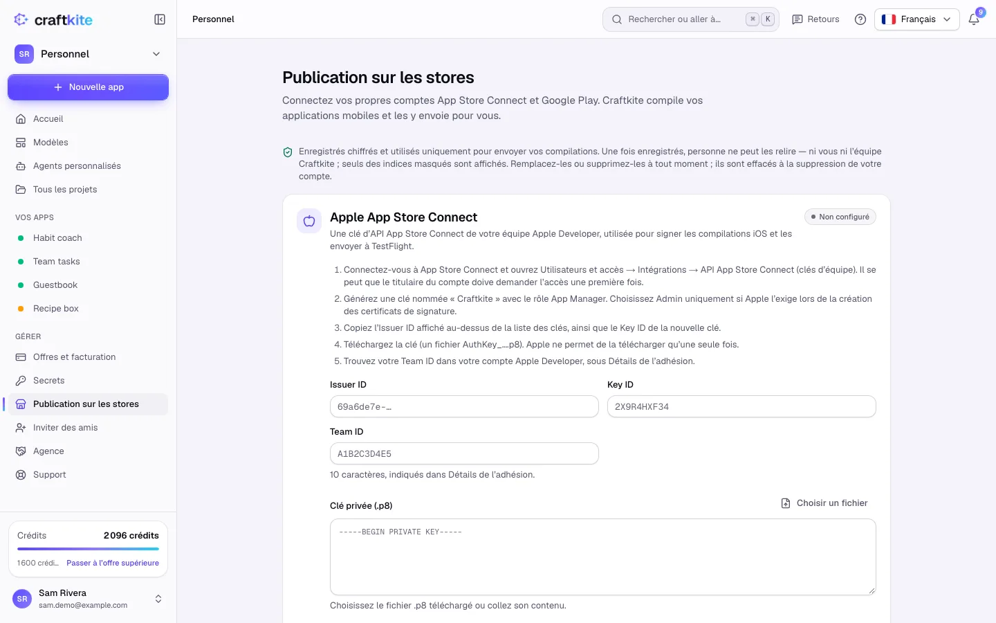 Publication sur les stores avec les sections Apple App Store Connect et Google Play