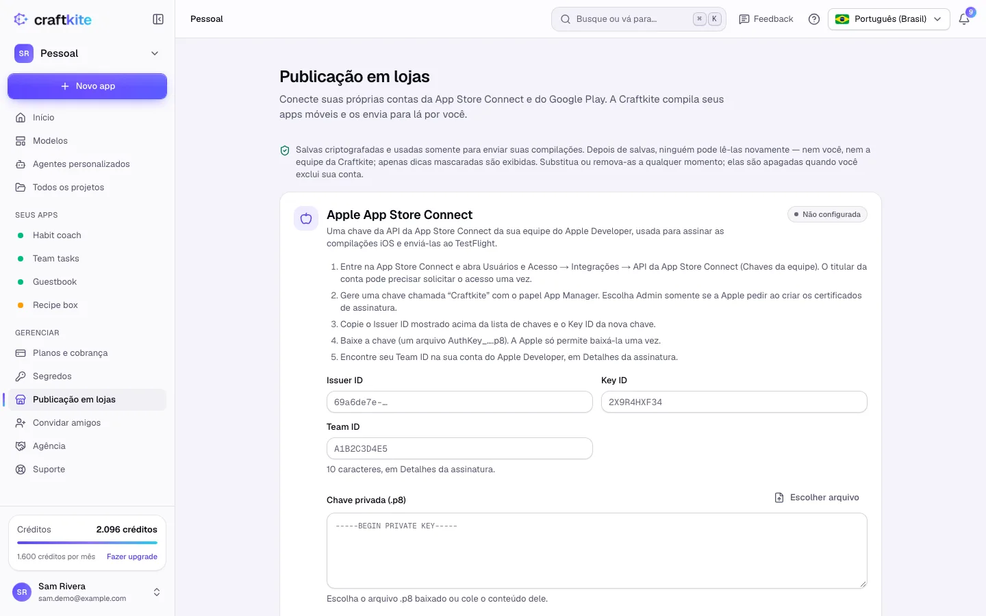 Publicação em lojas com as seções Apple App Store Connect e Google Play
