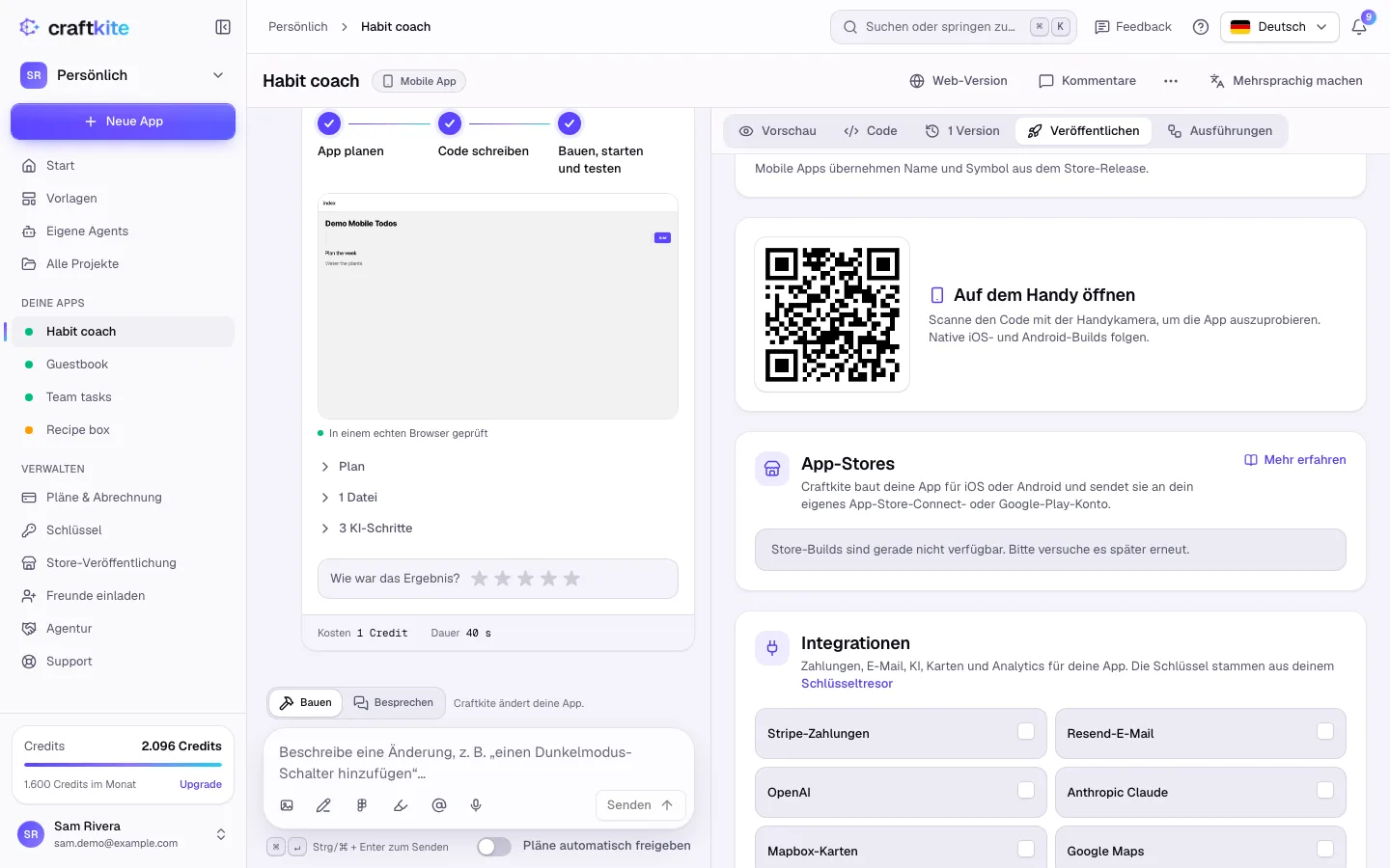 Der Bereich „App-Stores“ eines mobilen Projekts