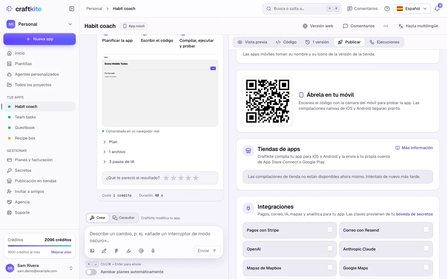 La sección Tiendas de apps de un proyecto móvil