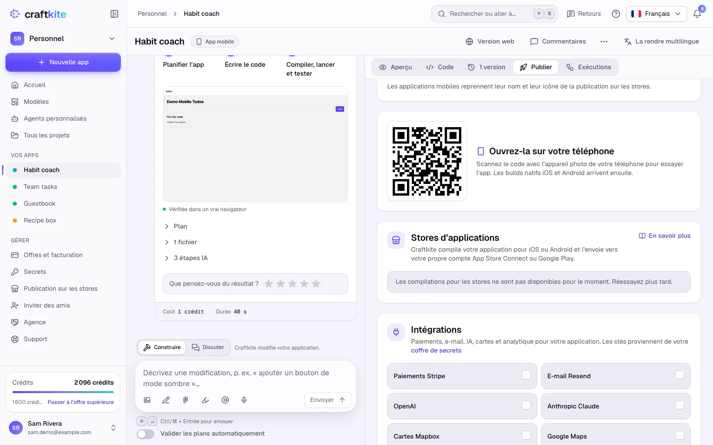 La section Stores d’applications d’un projet mobile