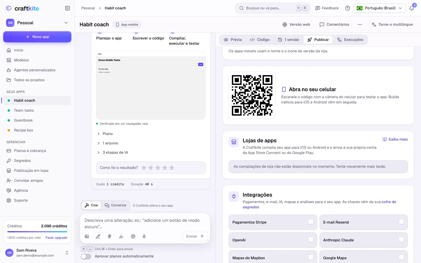 A seção Lojas de apps de um projeto mobile
