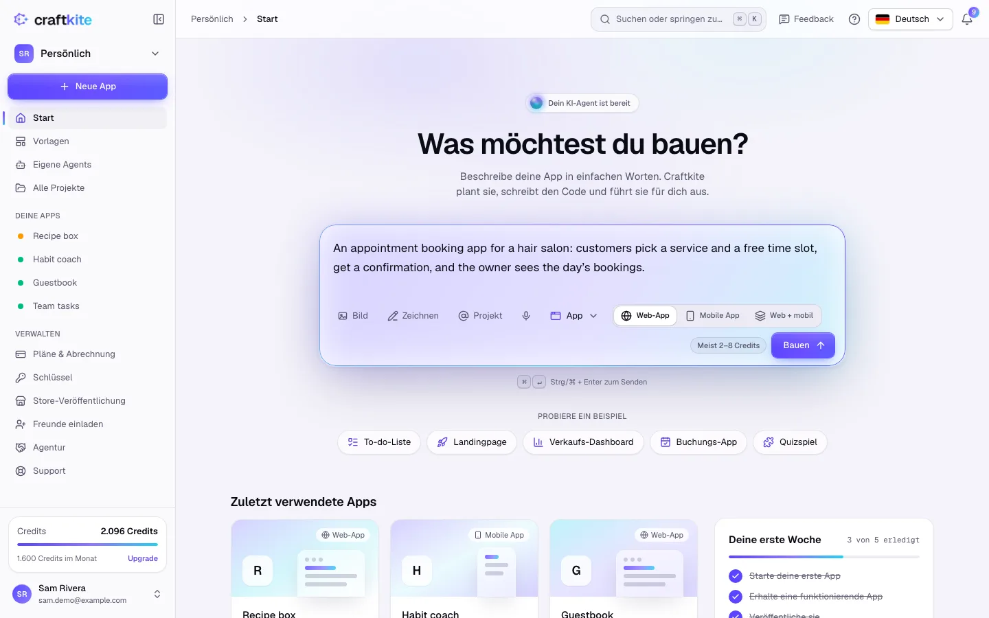 Die Startseite des Studios mit einer Beschreibung unter „Was möchtest du bauen?“