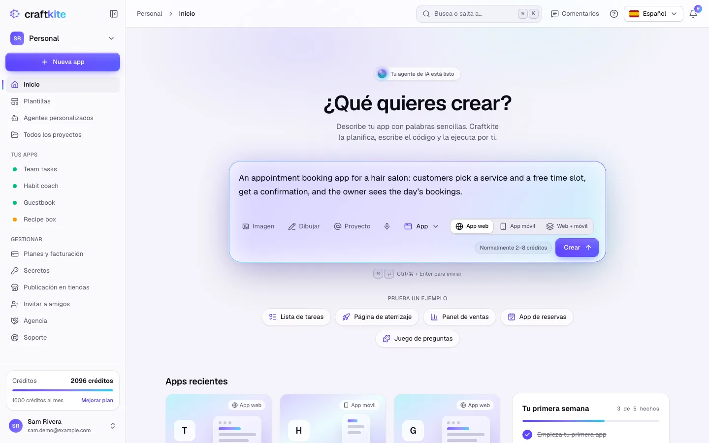 La pantalla de inicio del estudio con una descripción escrita en “¿Qué quieres crear?”